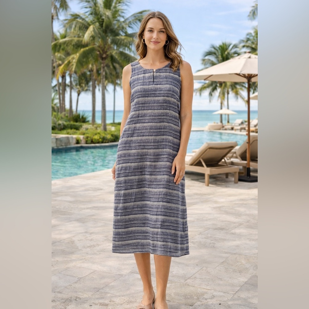 Pure Jill 100% Linen Striped Blue Maxi Dress Size S